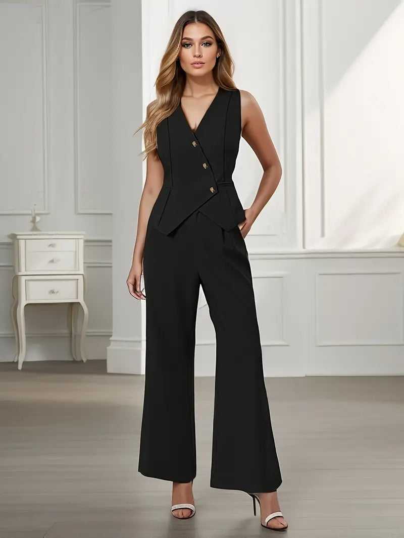 Pantalon Large Sans Manches Élégant | Gilet à Bouton Asymétrique | Coupe Ajustée