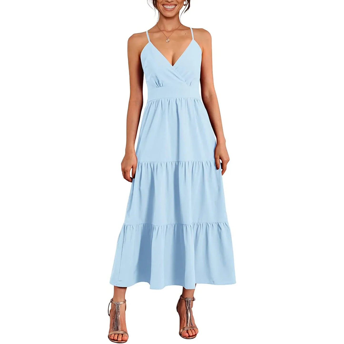 Élodie – Robe Élégante à Dos Nu et Ceinture | Col V & Couleur Unie