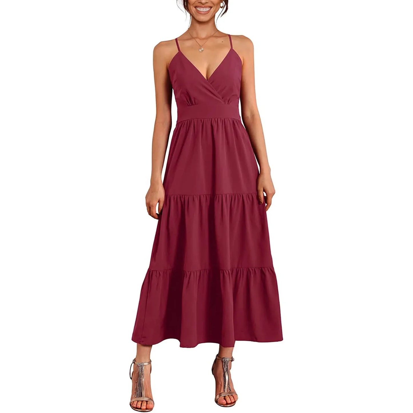 Élodie – Robe Élégante à Dos Nu et Ceinture | Col V & Couleur Unie