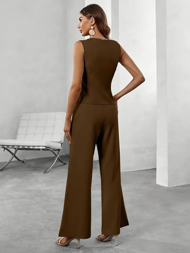 Pantalon Large Sans Manches Élégant | Gilet à Bouton Asymétrique | Coupe Ajustée