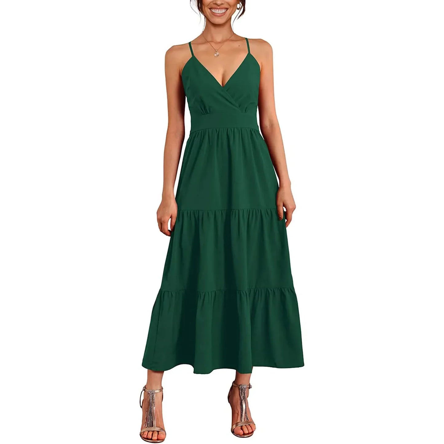Élodie – Robe Élégante à Dos Nu et Ceinture | Col V & Couleur Unie