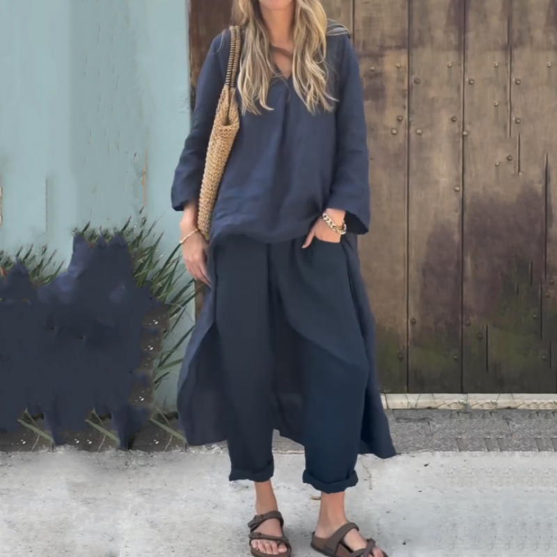 Élise - Ensemble 2 Pièces Femme - Haut Asymétrique Uni & Pantalon Fluide