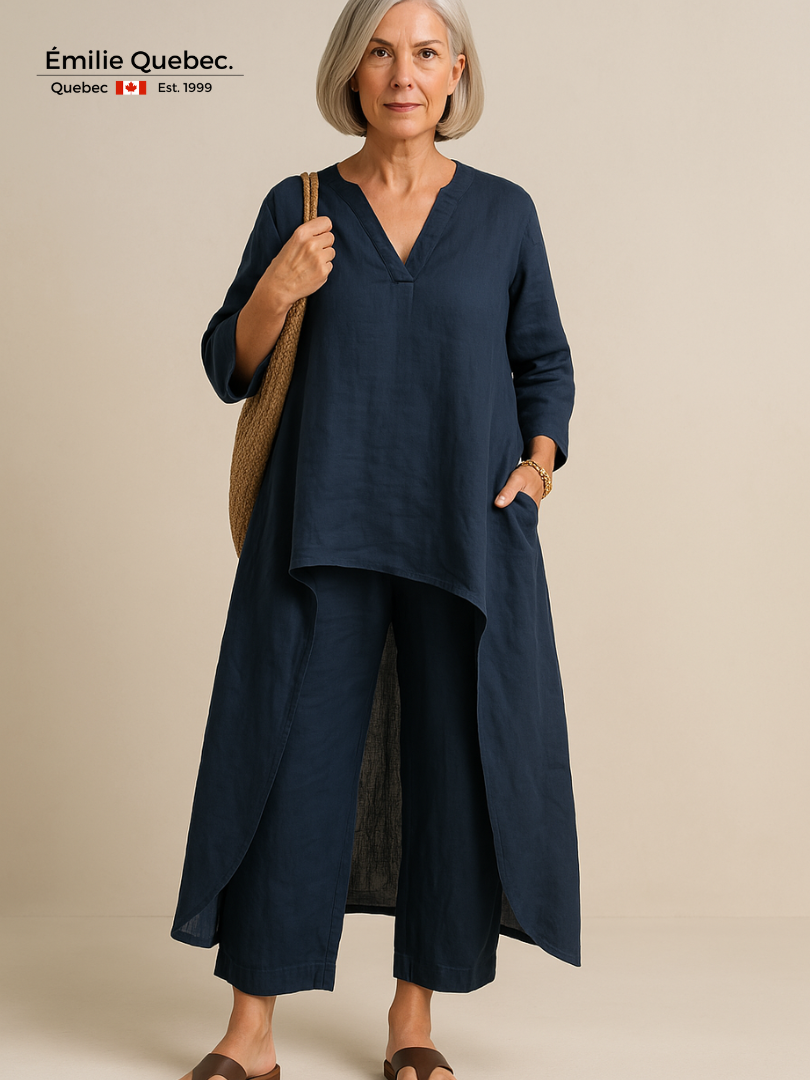 Élise - Ensemble 2 Pièces Femme - Haut Asymétrique Uni & Pantalon Fluide