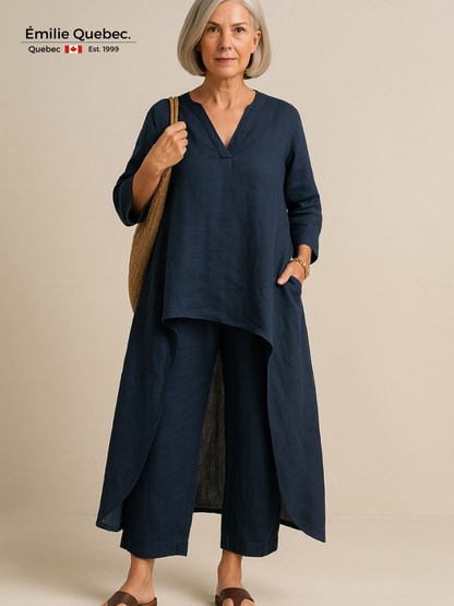 Élise - Ensemble 2 Pièces Femme - Haut Asymétrique Uni & Pantalon Fluide
