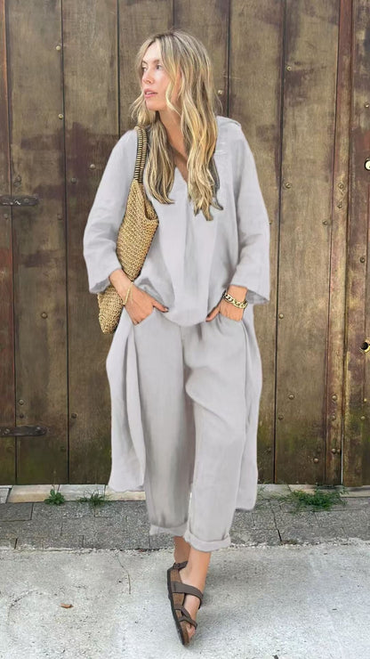 Élise - Ensemble 2 Pièces Femme - Haut Asymétrique Uni & Pantalon Fluide