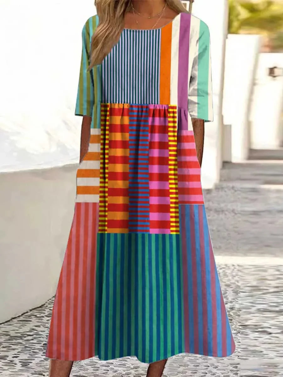 Arla - Robe en Coton avec Imprimé Artistique Vintage Géométrique pour Femmes