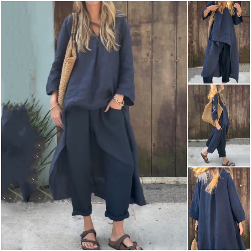 Élise - Ensemble 2 Pièces Femme - Haut Asymétrique Uni & Pantalon Fluide