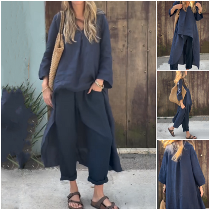 Élise - Ensemble 2 Pièces Femme - Haut Asymétrique Uni & Pantalon Fluide