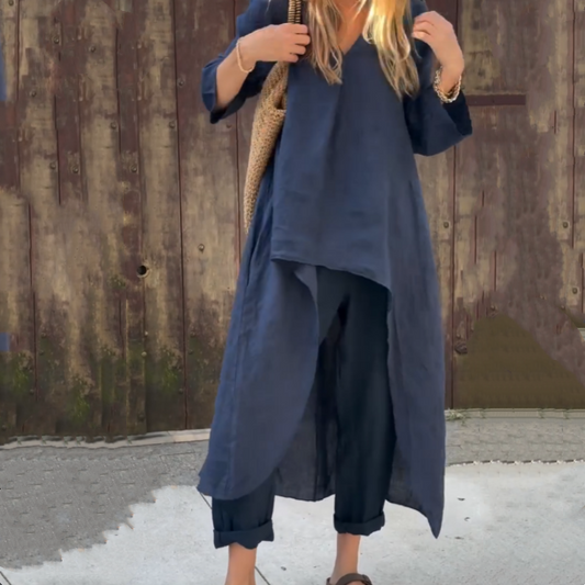 Élise - Ensemble 2 Pièces Femme - Haut Asymétrique Uni & Pantalon Fluide