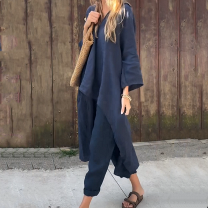 Élise - Ensemble 2 Pièces Femme - Haut Asymétrique Uni & Pantalon Fluide