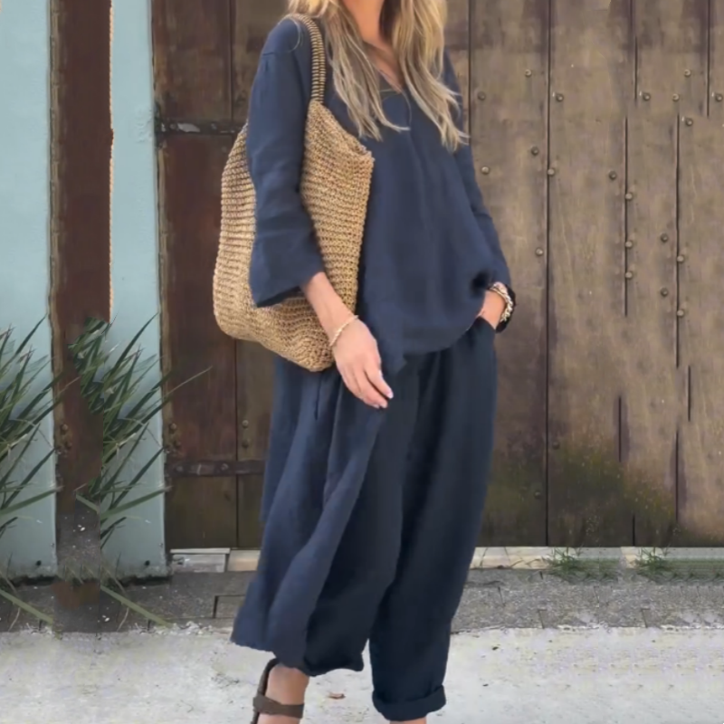 Élise - Ensemble 2 Pièces Femme - Haut Asymétrique Uni & Pantalon Fluide