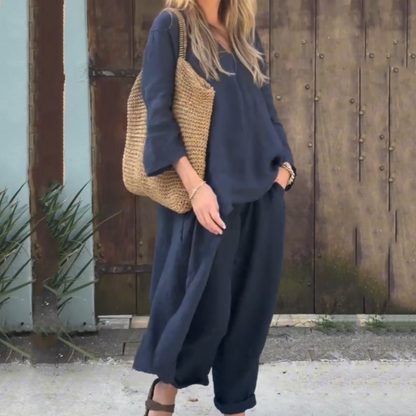 Élise - Ensemble 2 Pièces Femme - Haut Asymétrique Uni & Pantalon Fluide