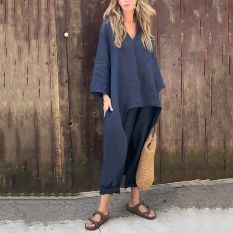 Élise - Ensemble 2 Pièces Femme - Haut Asymétrique Uni & Pantalon Fluide