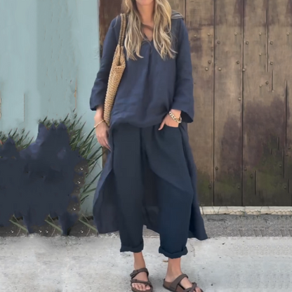 Élise - Ensemble 2 Pièces Femme - Haut Asymétrique Uni & Pantalon Fluide
